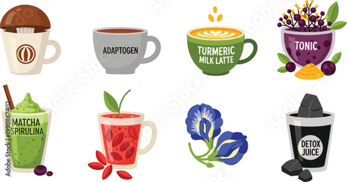 Retro Soda Fountain and Diner Beverage Vector Illustration Set Featuring Chocolate and Vanilla Milkshakes Strawberry Rickey Pineapple Fizz Cream Soda and Cold Whole Milk