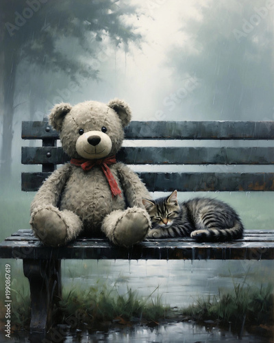 TEDDY BEAR AND CAT SITTING TOGETHER ON PARK BENCH IN FOGGY WEATHER. MELANCHOLY SCENE OF COMPANIONSHIP AND FRIENDSHIP. MOODY OUTDOOR ATMOSPHERE WITH MIST AND RAIN.