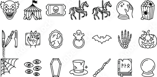 Set of 21 creepy carnival and dark magic icons featuring a scary clown, haunted carousel horses, circus tent, and mystical occult symbols in a clean line art style.