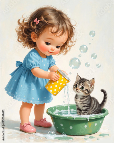 VINTAGE GIRL BATHING KITTEN IN BASIN WITH BUBBLES. CUTE CHILD POURING WATER FROM CUP. RETRO ILLUSTRATION OF CHILDHOOD PLAY WITH PET.