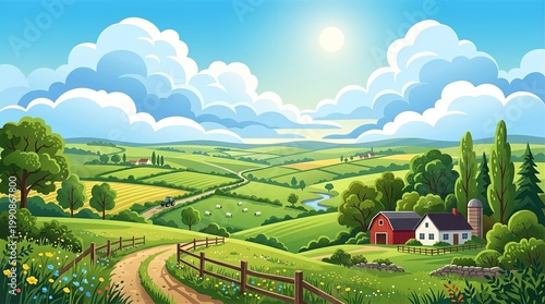 Beautiful Rural Landscape with Farmhouse Rolling Green Hills and Sunny Blue Sky for Agriculture and Travel Background Illustration