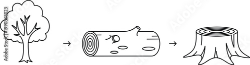 Outline Tree to Log to Stump Cutting Process Sequence Deforestation Lumber Wood Vector Illustration