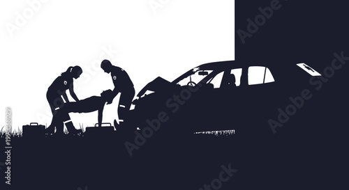 Silhouette of people assisting an injured person at a car accident scene with a dark background.