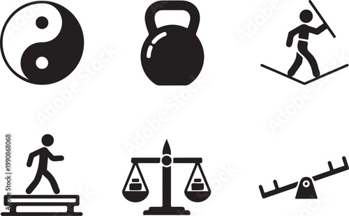 Set of balance icons, including yin yang, kettlebell, tightrope walker, scale