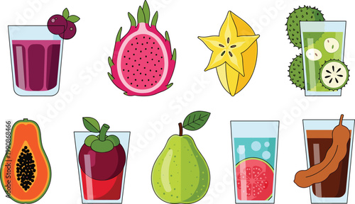 Tropical Exotic Fruit and Fresh Juice Glass Vector Icon Set Featuring Dragon Fruit Papaya Starfruit Mangosteen Pear and Tamarind for Healthy Cafe Menus