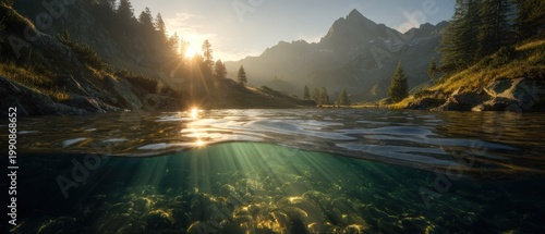 Tranquil mountain lake scene with sunlight and clear water nature landscape