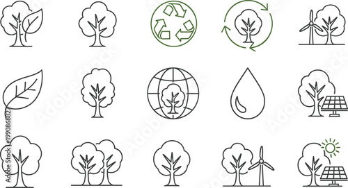 Green Outline Ecology Environment Icons Set with Trees Recycle Energy Solar Wind Nature Concept