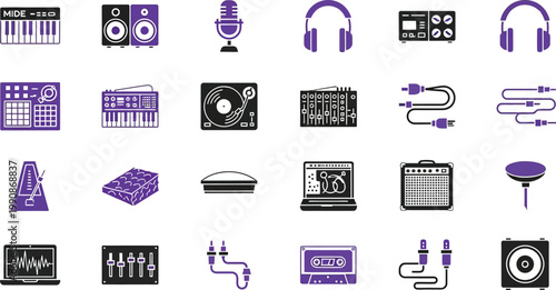 Collection of essential studio equipment and musical accessories for production Vector