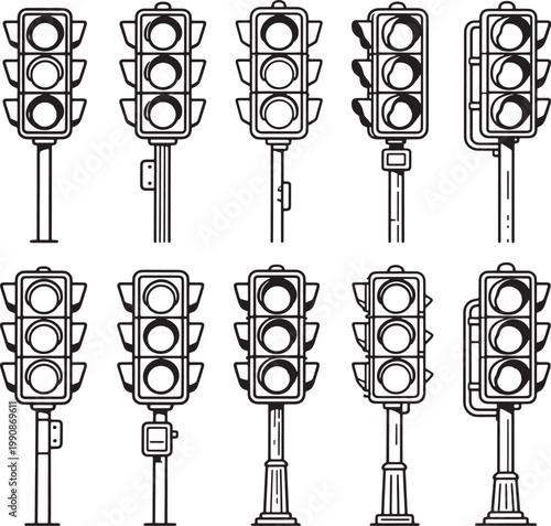 Set of traffic light icons in black and white line art style