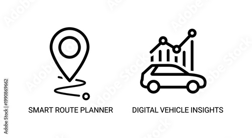 Smart route planner and digital vehicle insights telematics icon set