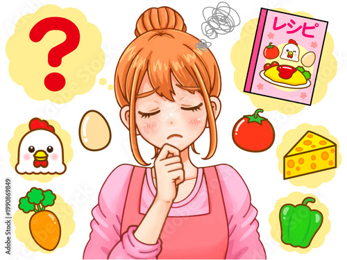 ごはんの献立に悩む主婦のアニメ系イラスト素材