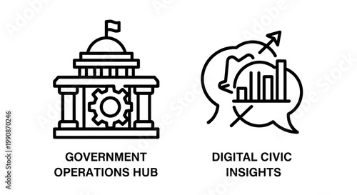 Government operations hub and digital civic data insights icons with government