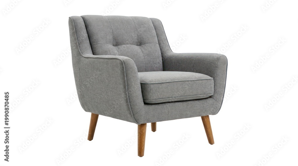 Fototapeta premium A grey armchair with wooden legs and a grey fabric upholstery.