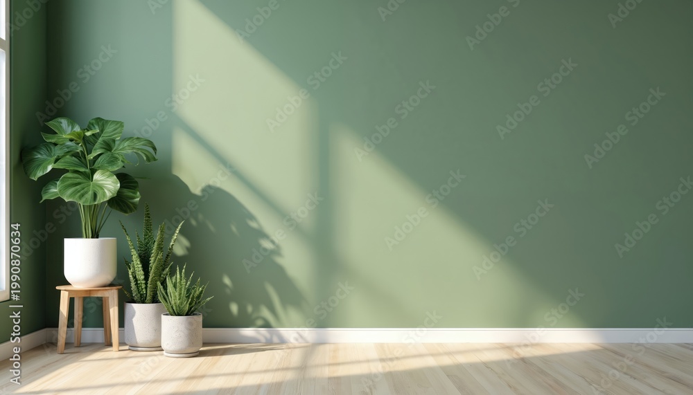 Obraz premium Empty room interior features green wall and wooden floor. Potted plants on stand near window. Sunlight casts shadows on wall. Minimalist home decor setting.