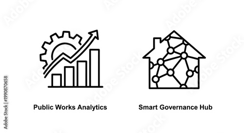 Public works analytics and smart governance hub icons with analytics, governance