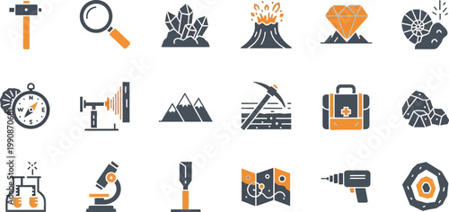 Collection of icons representing various scientific and geological tools and phenomena Vector