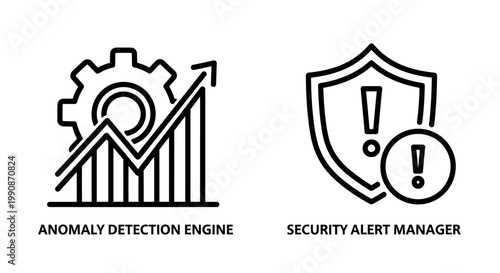 Anomaly detection engine and security alert manager outline icons with detection