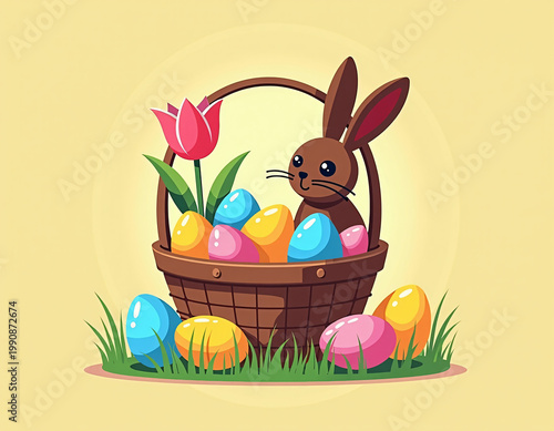 Delightful Easter Basket with Colorful Eggs and Chocolate Bunny - Line Art Design