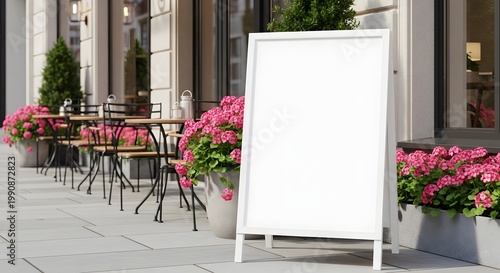 Outdoor Cafe Empty Whiteboard Sign with Pink Flower Planters and Tables