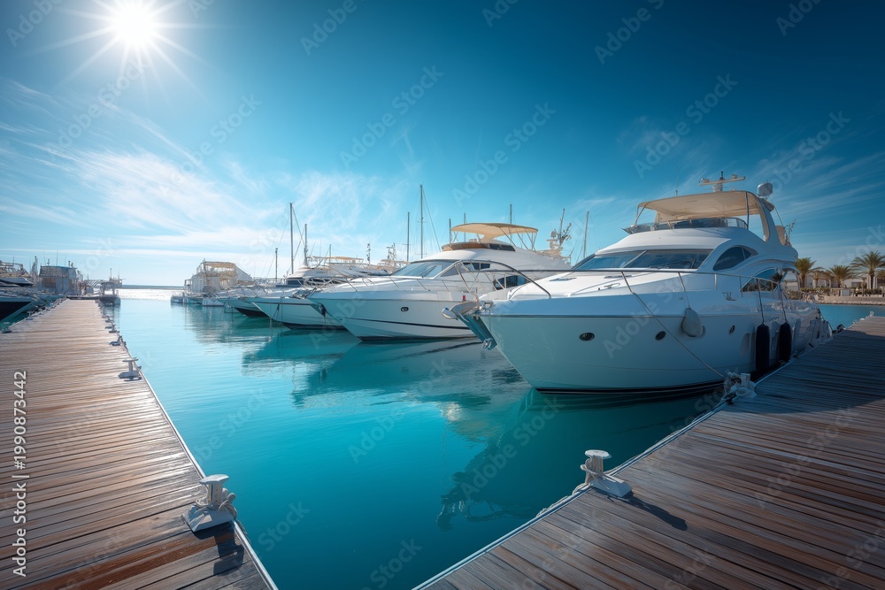 Fototapeta premium Exclusive resort yacht dock with luxury boats, clear water, sunny day, high end vacation lifestyle