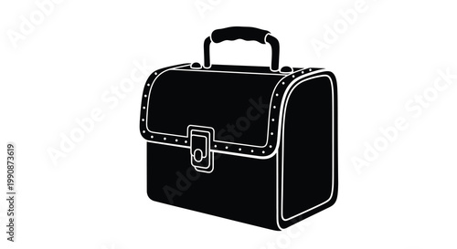 A black and white illustration of a vintage style lunchbox