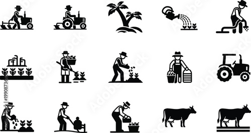 Various agricultural activities and farming icon illustrations Vector