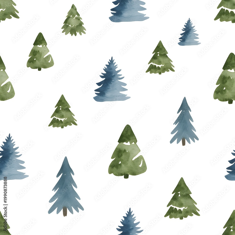 Obraz premium Watercolor seamless pattern of evergreen pine trees in shades of green and blue on a white background