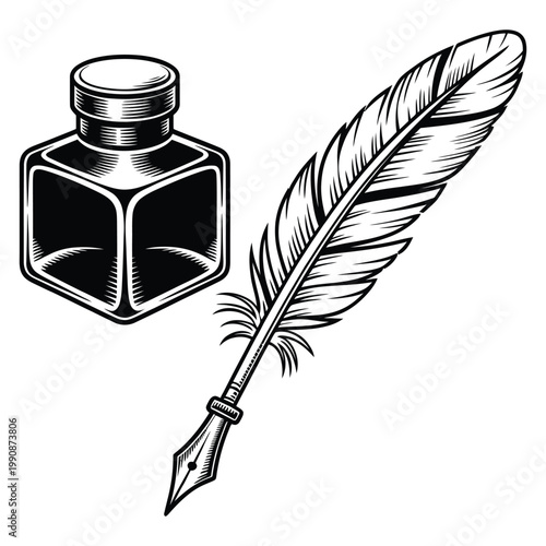 Vintage feather with ink bottle vector illustration in engraving style. Pen and inkwell for calligraphy or writing.