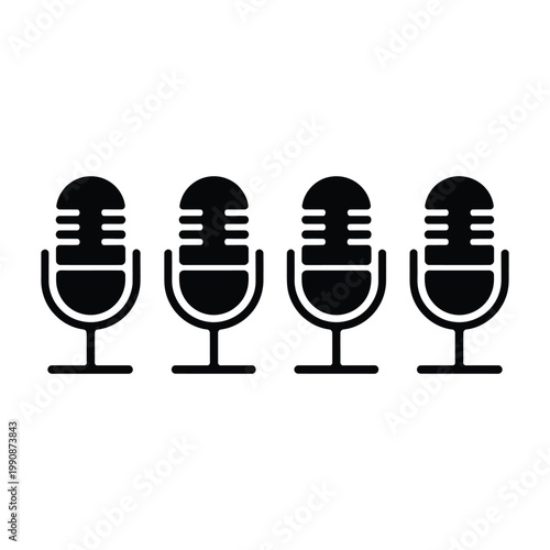 Microphone icon, vector illustration. Set of black microphones in a row for podcast or live stream.