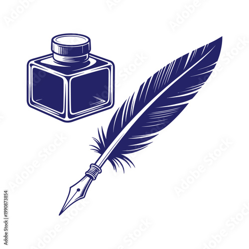 Vintage feather with ink bottle vector illustration in engraving style. Pen and inkwell for calligraphy or writing.