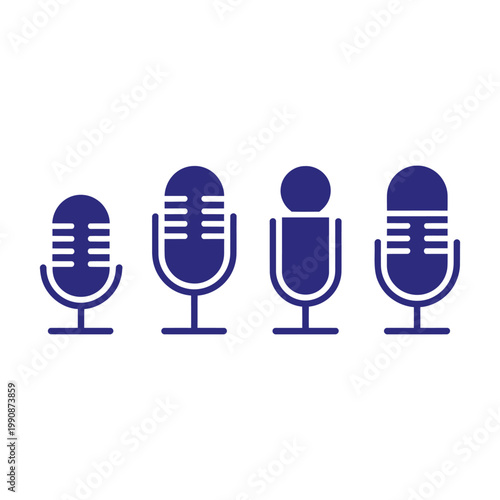 Microphone icon, vector illustration. Set of blue microphones in a row for podcast or live stream.