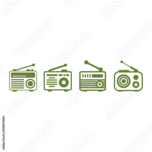 Green radio receiver icon collection in minimalist line style for podcast broadcasting and music equipment vector illustration.