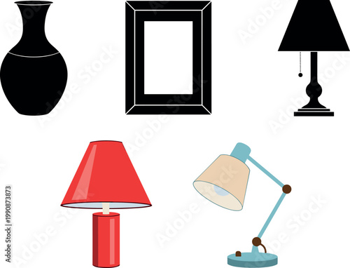Lamp and Household Item Vector Illustration Collection Featuring Table, Desk, and Decorative Lighting Designs with Vase and Picture Frame Artwork