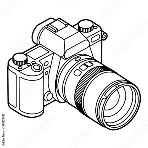 Digital camera with lens viewed from side, illustration with transparent background, professional photography equipment, graphic design.