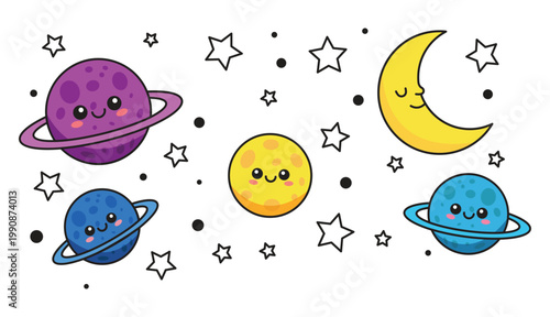 Outer Space Planet Elements Set, Cute Cartoon Galaxy Objects With Moon and Stars for Kids Design