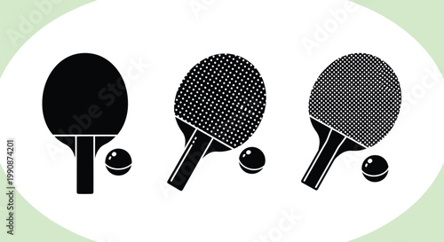 Three table tennis paddles and balls in a minimalist design