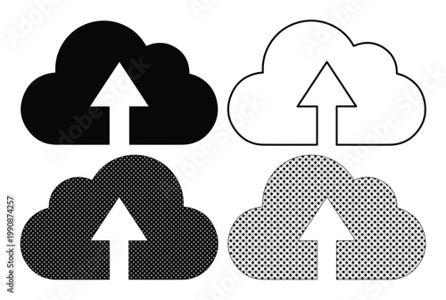 Cloud upload icon set, black and white data storage symbols, 4 vector elements for web interface and mobile app design, digital backup signs isolated on White Background