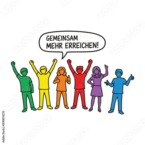 Diverse people with raised arms and speech bubble saying Gemeinsam Mehr Erreichen