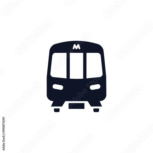 A dark blue silhouette of a metro train with a white 'M' on the front, set against a plain white background, showcasing a simple graphic design.