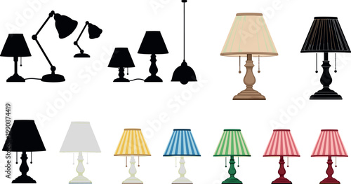 Lamp Vector Illustration Collection Featuring Desk, Table, and Pendant Lighting Designs in Modern and Vintage Styles with Colorful Variations