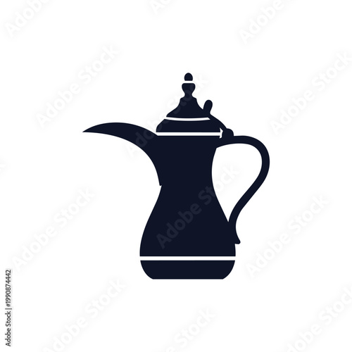 A black silhouette of a traditional Arabic coffee pot or ibrik with a long spout and handle on a white background.