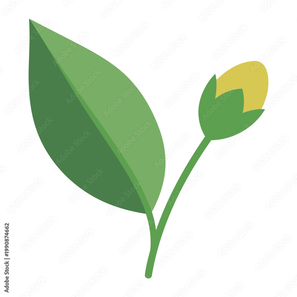 Obraz premium Simple flat of a green leaf and yellow flower bud on a stem