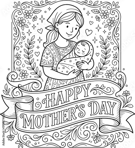 Hand drawn vector illustration of a mother with swaddled baby, Happy Mother's Day banner, coloring book.