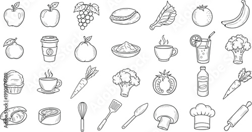 Assorted kitchen items and food illustrations in a simple line drawing style Vector