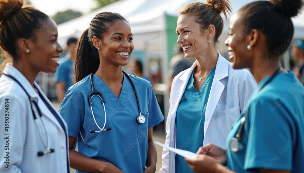 Obraz premium Diverse medical professionals outdoors at a health fair with tents. Women in scrubs and lab coats smile, showing teamwork and care in a community setting.