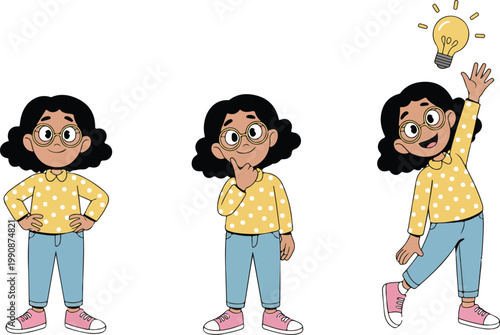 Cute Girl Character Pose Set  Confidence, Thinking, and Idea Light Bulb Concept