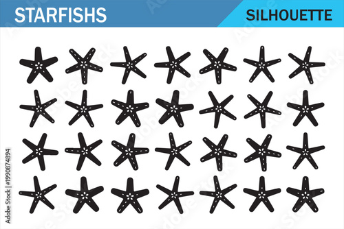Starfish Icon Collection - Black Silhouettes on White Background