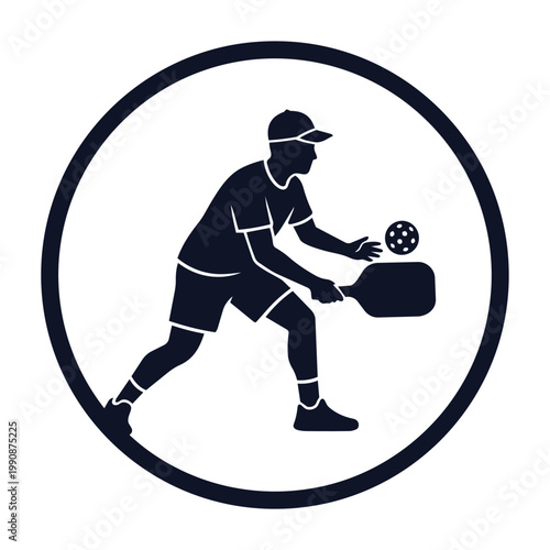 A man in a cap plays pickleball with a paddle and ball in a circular frame silhouette.