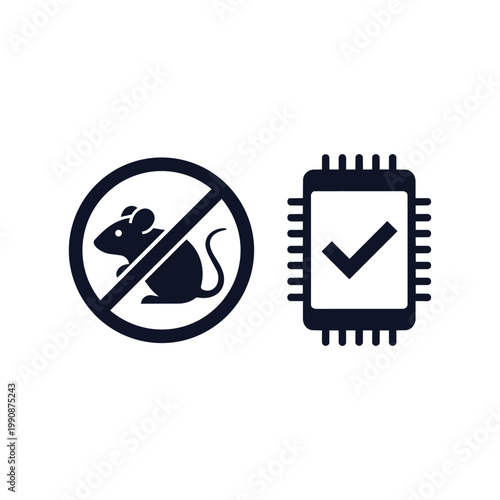 No rodents allowed and approved microchip icon set on white background for tech and pest control themes.