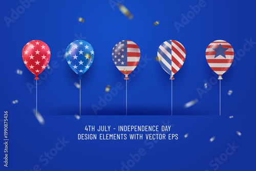 4th of July celebration design with American flag pattern balloons and falling silver confetti